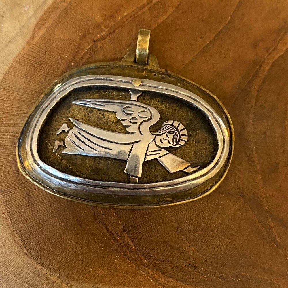 RETIRED Jeep Collins Angel Shadowbox Pendant, Brass & Sterling Silver